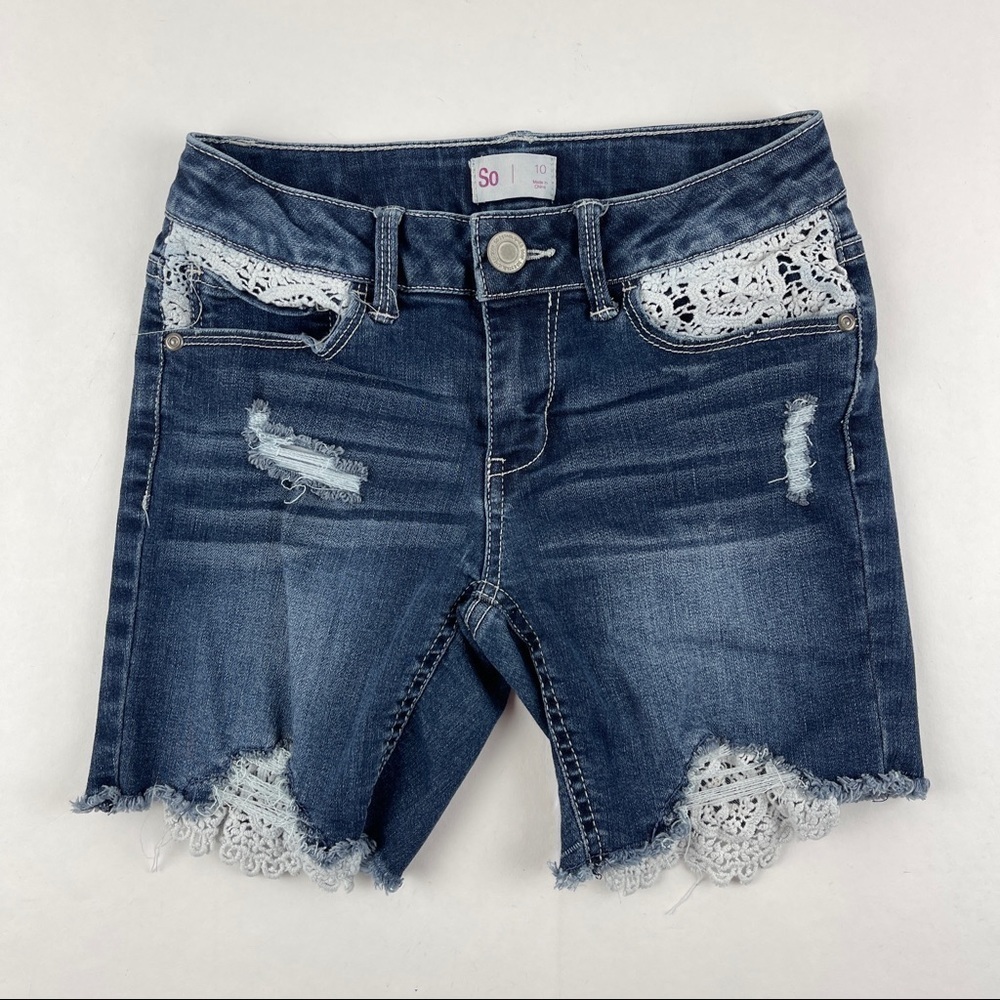 SO Jean Shorts Girls 10 Blue Denim White Lace Cut Off